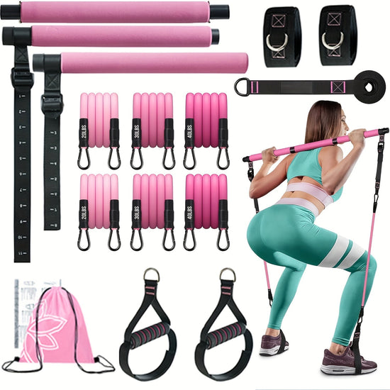 Kit de barre de Pilates avec bandes de résistance, barre de Pilates en 3 sections avec bandes empilables de 82 kg (180 lbs), équipement d&