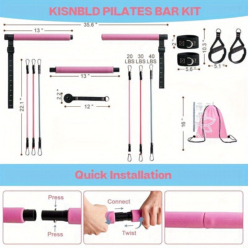 Kit de barre de Pilates avec bandes de résistance, barre de Pilates en 3 sections avec bandes empilables de 82 kg (180 lbs), équipement d&