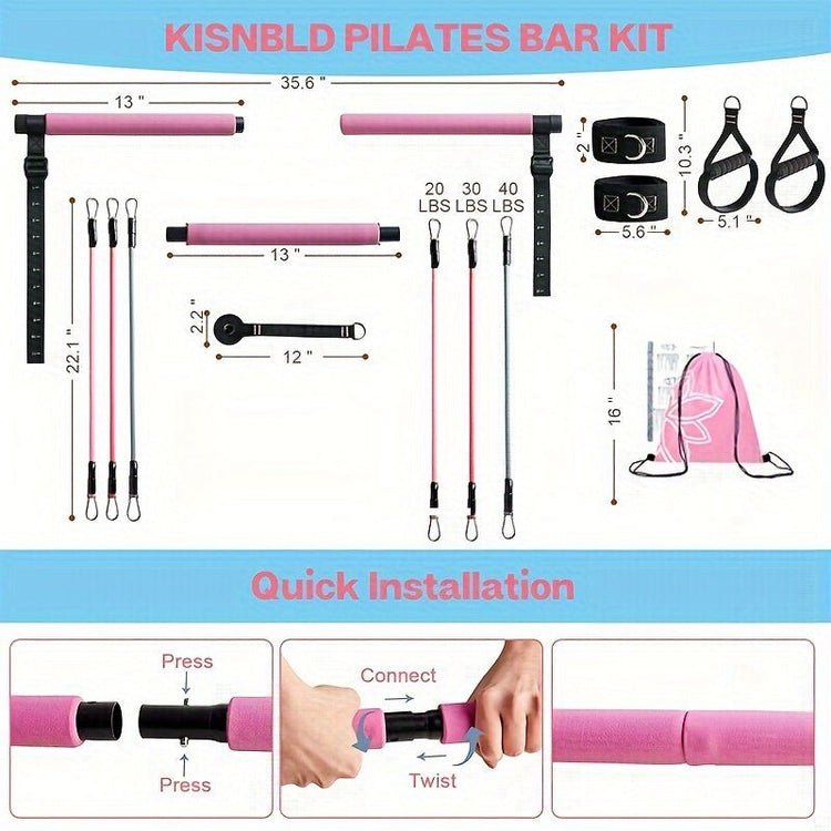 Kit de barre de Pilates avec bandes de résistance, barre de Pilates en 3 sections avec bandes empilables de 82 kg (180 lbs), équipement d&