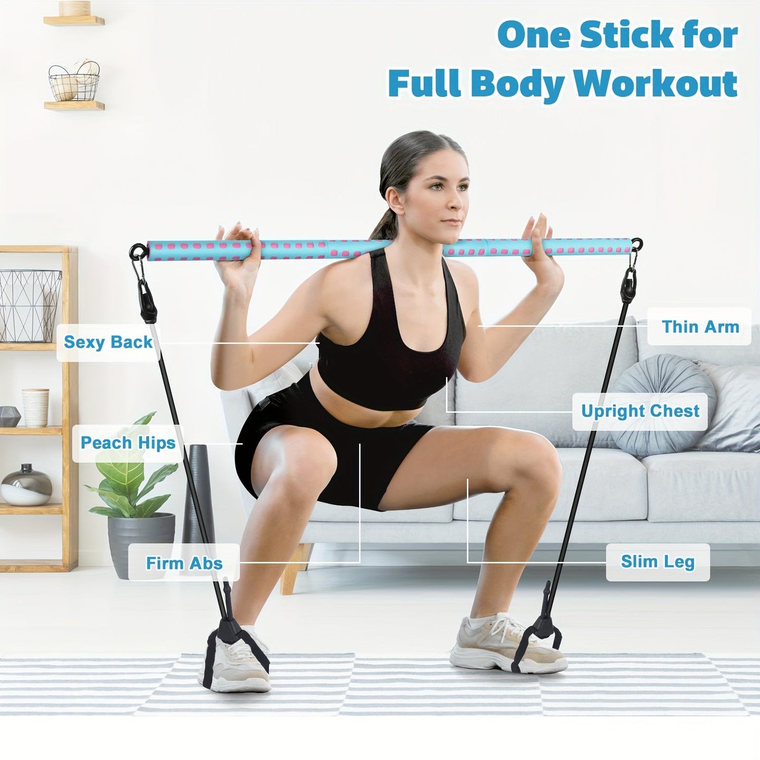 Kit de barre de Pilates réglable avec 4 bandes de résistance, barre de Pilates portable pour l&