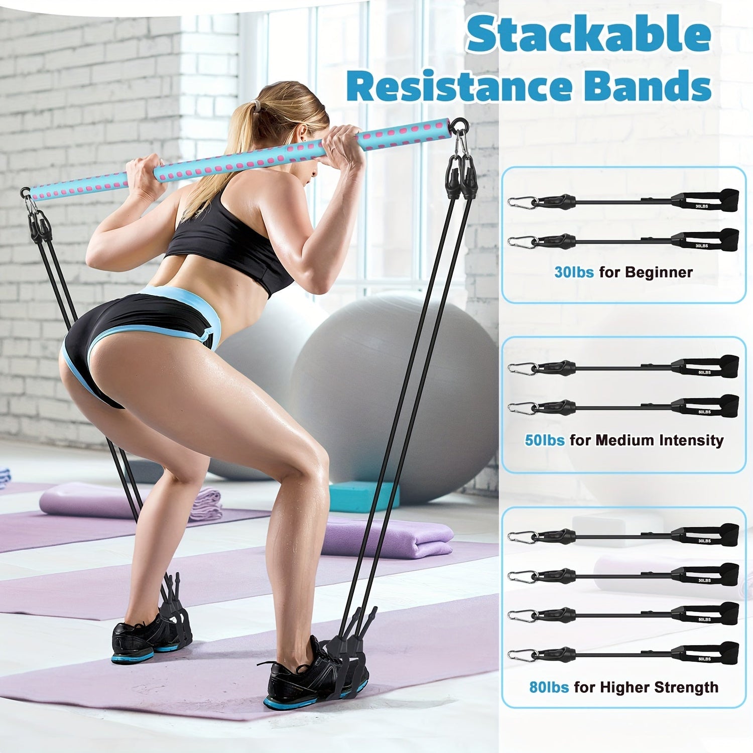 Kit de barre de Pilates réglable avec 4 bandes de résistance, barre de Pilates portable pour l&